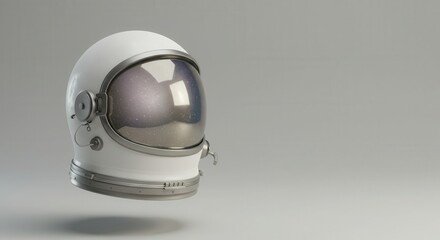 Fototapeta premium A detailed, white astronaut helmet, with a reflective visor showing a starry night sky, floats against a neutral backdrop.