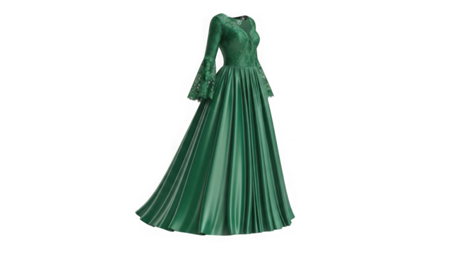 Elegant green satin evening gown with long sleeves and flowing skirt exquisite formal attire for special occasions transparent background