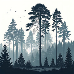 Misty evergreen forest silhouette with birds flying in the sky
