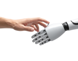 Human and Robot Hands Touching Isolated on Transparent Background