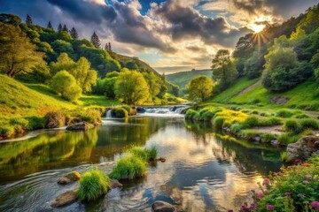 Obraz premium Serene River Landscape with Cascading Waterfall at Sunset, Reflecting Golden Light on Tranquil Waters and Lush Green Banks