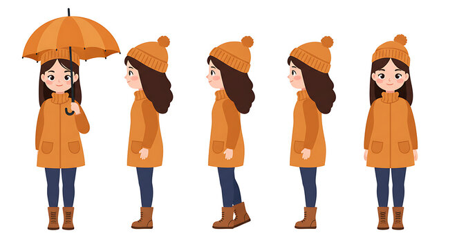 Cartoon Girl in Autumn Outfit with Umbrella