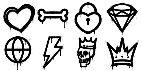 Black stencil graffiti icons including heart, bone, lock, diamond, globe, lightning, crowned skull, and royal crown. Great for edgy design, stickers, and urban artwork.