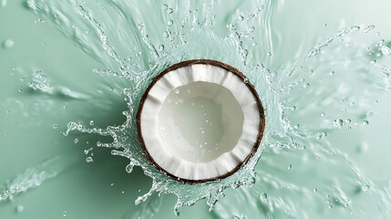 Top view of coconut water splash frozen in motion with droplets arcing outward from the center, over a smooth seafoam green background