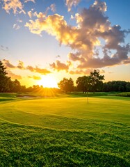 Golden sunset over a golf course