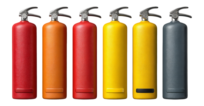 Collection of Various Colored Fire Extinguishers Isolated on Transparent Background