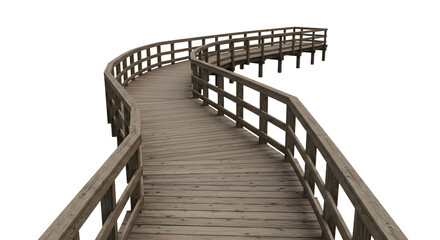 Discover serene pathways with this rustic wooden boardwalk curving gracefully into the distance.