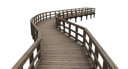 Discover serene pathways with this rustic wooden boardwalk curving gracefully into the distance.