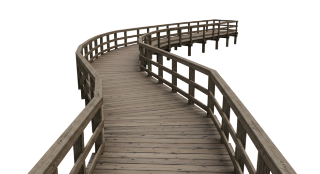 Discover serene pathways with this rustic wooden boardwalk curving gracefully into the distance.