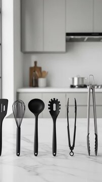 Kitchen Utensils Set on Marble Countertop with Gray Cabinets and Neutral Wall in Soft Lighting for Culinary and Cooking Concepts Still Life