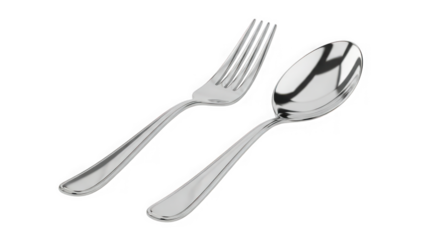 Reflective silver fork and spoon set together on a neutral surface for food preparation or dining services transparent background