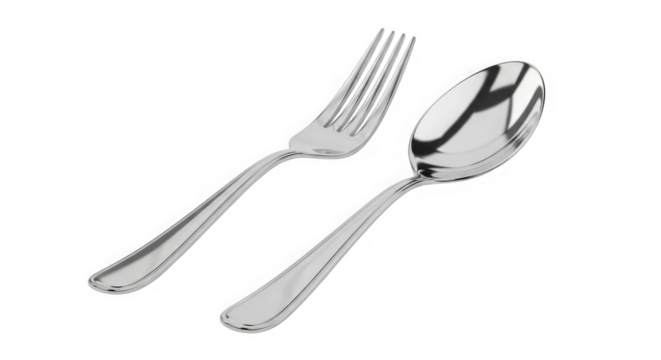 Reflective silver fork and spoon set together on a neutral surface for food preparation or dining services transparent background