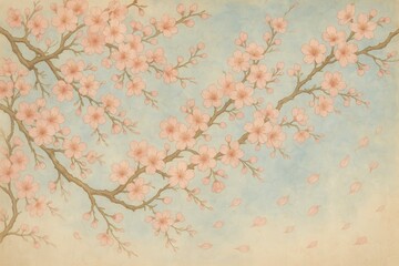 Traditional Japanese cherry blossom mural with delicate pink petals against soft azure sky in vintage watercolor illustration style