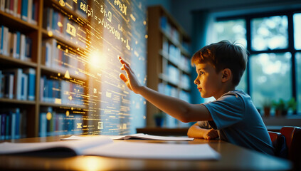 Young boy explores future learning in a library, interacting with holographic mathematical data and glowing digital projections