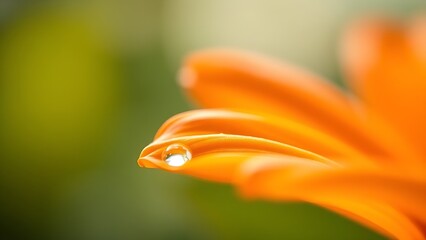 Macro close-up of an orange flower petal with a glistening water droplet, vibrant against a blurred background.
