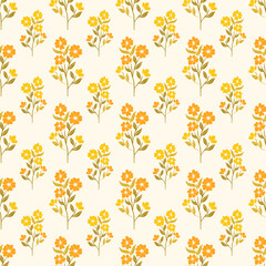Seamless pattern with yellow flowers and green leaves on cream background