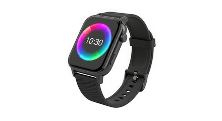 Obraz premium Modern smartwatch with vibrant rainbow digital display and black band isolated on black for tech and gadget enthusiasts transparent background