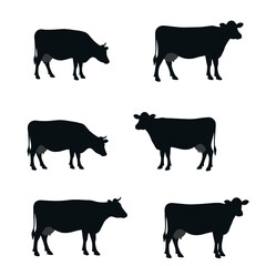 Six black cow silhouettes in side view, arranged in two neat rows.