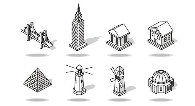 Set of eight black and white isometric icons featuring famous world landmarks and architectural building styles