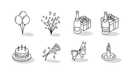 Celebration Icons Balloons, Confetti, Champagne, Cake, Horn, Bow, and Candle in Black and White