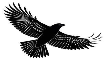 A striking silhouette of a raven in flight against a stark black background with wings spread wide