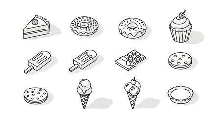 Isometric Black and White Dessert Icon Set Sweet Treats for Design Projects