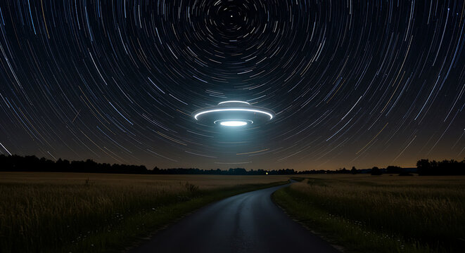 UFO hovering mysteriously above rural field at night sky