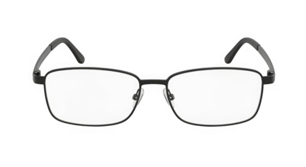 Modern rectangular eyeglasses with silver frames and clear lenses centered on a dark surface for vision correction and style transparent background