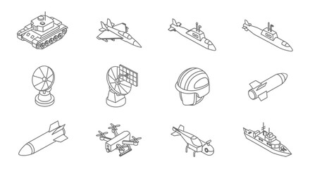 Military Equipment Isometric Icons Tank, Fighter Jet, Submarine, Missile, Drone, Satellite