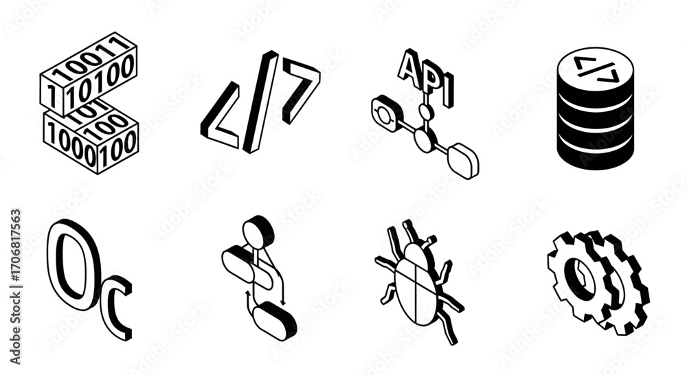 Wall mural clean isometric outline vector icons for software development and it binary, code, api, database, cl
