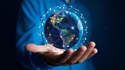 Global network connection held in open hand, technology concept