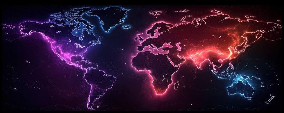 A vibrant, illuminated world map showcasing continents with neon colors against a dark background, emphasizing digital connectivity.