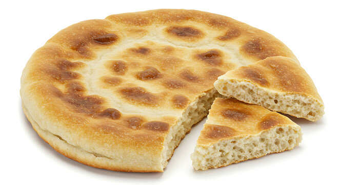Ultra-realistic traditional Indigenous bannock flatbread, rustic golden crust with uneven shape, crispy edges and fluffy inside, overhead shot, isolated on pure white background with natural soft food