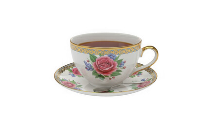 Fototapeta premium Elegant vintage tea cup and saucer with rose design filled with coffee invites a moment of warm aromatic enjoyment transparent background
