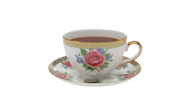 Elegant vintage tea cup and saucer with rose design filled with coffee invites a moment of warm aromatic enjoyment transparent background