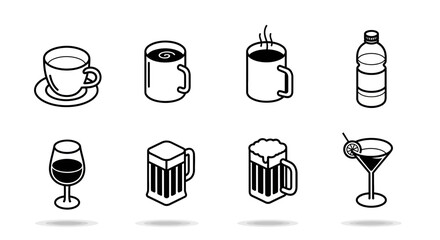 A collection of eight black and white isometric line art icons representing various popular beverages and drinks, suitable for web and graphic design projects