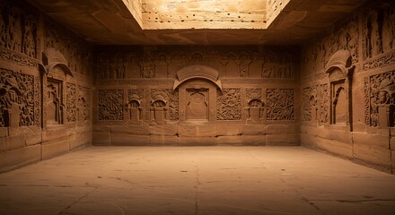Empty square room with carved sandstones background