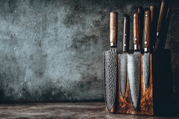 Set of professional Damascus steel chef knives in wooden block with dark background