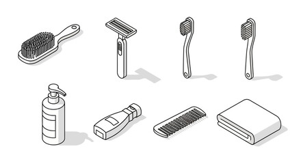 Isometric Bathroom Grooming Icons Hairbrush, Razor, Toothbrush, Shampoo, Comb, Towel