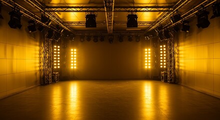Empty square room with Stage lights, light panels, a lot of light bulbs on a gold background. Lighting for modern shows on stage