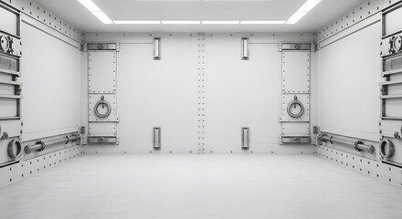 Empty square room with White steel wall with bolts, metal parts on wall