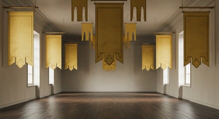 Empty square room with Golden medieval banners