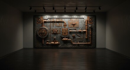 Empty square room with Steampunk metal plate with iron and copper metal