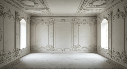 Empty square room with architectural decorations of buildings, gypsum stucco, wall texture, plaster molding and patterns