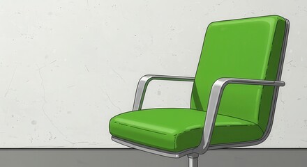 A lime green office chair sits against a light gray textured wall.