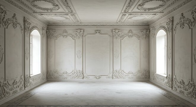 Empty square room with architectural decorations of buildings, gypsum stucco, wall texture, plaster molding and patterns