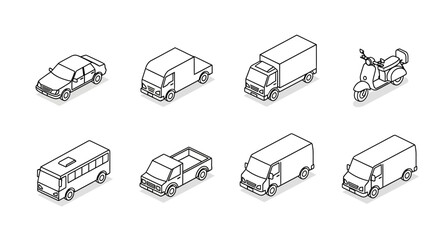 A set of eight transport vehicle icons presented in a clean black and white isometric outline
