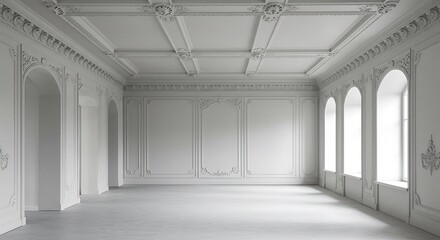Empty square room with Fretwork. Stucco molding. Gips ceiling. Decorative gypsum panels. Geometric white background