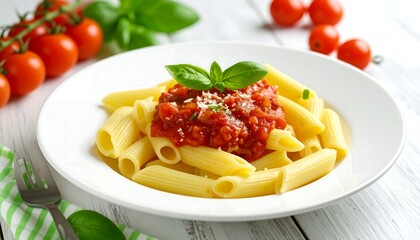 A plate of penne pasta topped with a rich tomato sauce and fresh basil, with tomatoes and a fork nearby