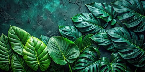 Fototapeta premium Lush Tropical Foliage Arranged on Dark Green Textured Background, Ideal for Design Projects and Creative Applications